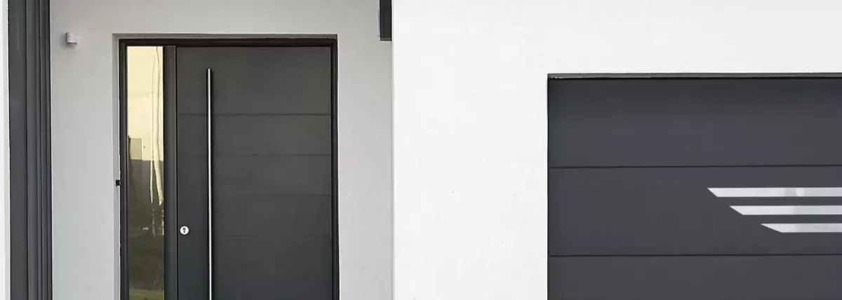 Maison moderne avec porte de garage sectionnelle plafond anthracite avec hublots rond et décorations