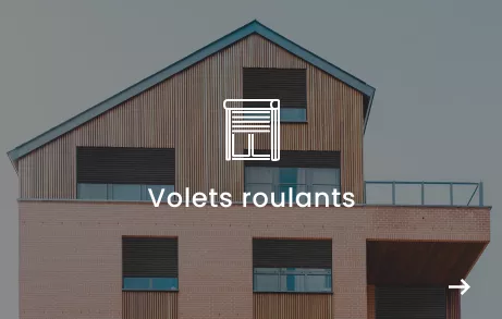 Vignette d'une maison en bois avec écriture blanche devant "Volets roulants"