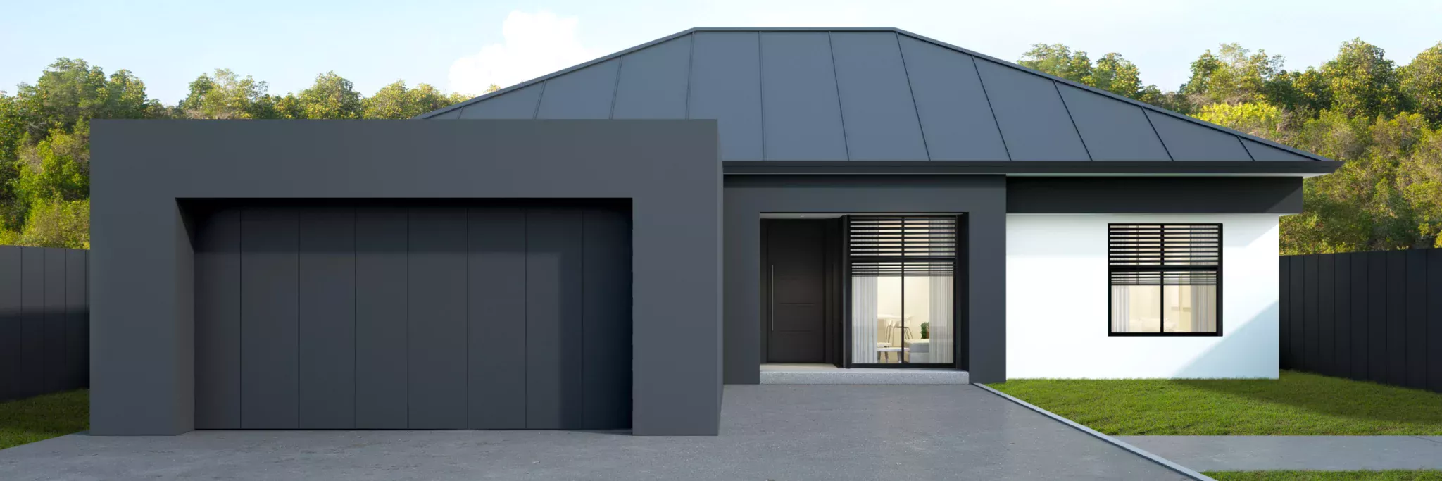 Maison en entière design moderne noir et blanche avec une porte de garage sectionnelle latérale