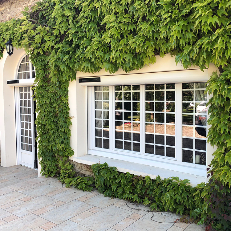 Vue extérieur d'une maison recouverte de lierre avec un volet roulant blanc astrosun renosun de la marque Flip